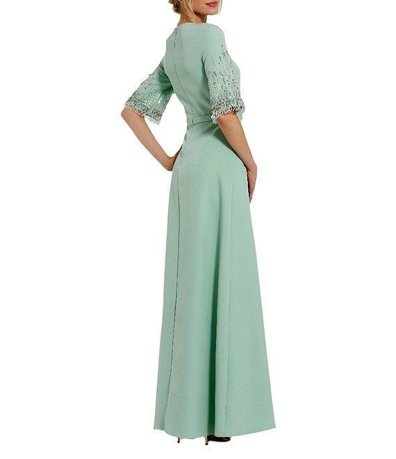 Mac Duggal Short Beaded Sleeve Crepe A-Line Gown Product Image