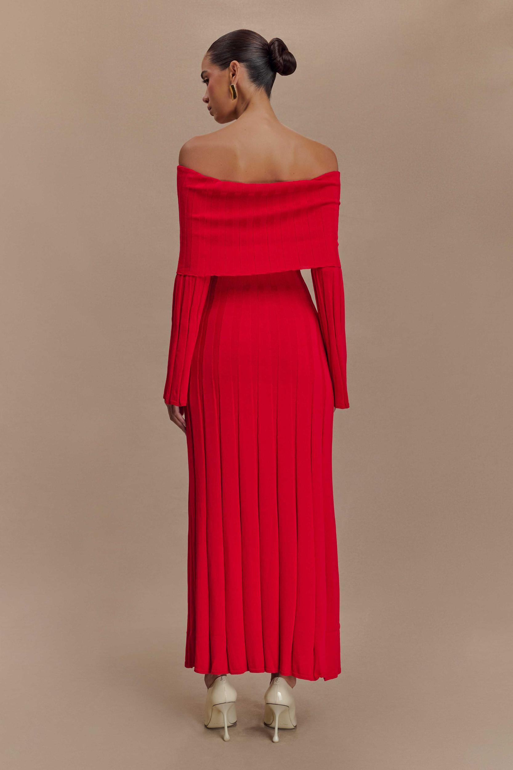 Alonza Long Sleeve Knit Midi Dress - Red Product Image
