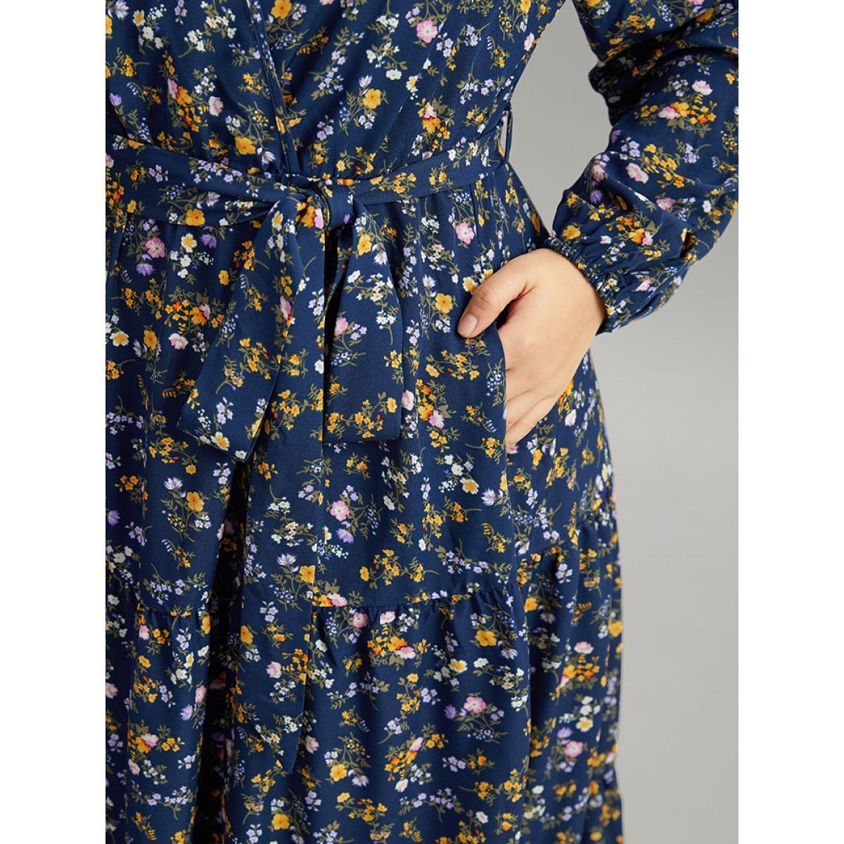 Plus Size Ditsy Floral Elastic Cuffs Surplice Neck Dress DarkBlue Women Elegant Elastic cuffs Overlap Collar Long Sleeve Curvy Midi Dress BloomChic 10/M Product Image