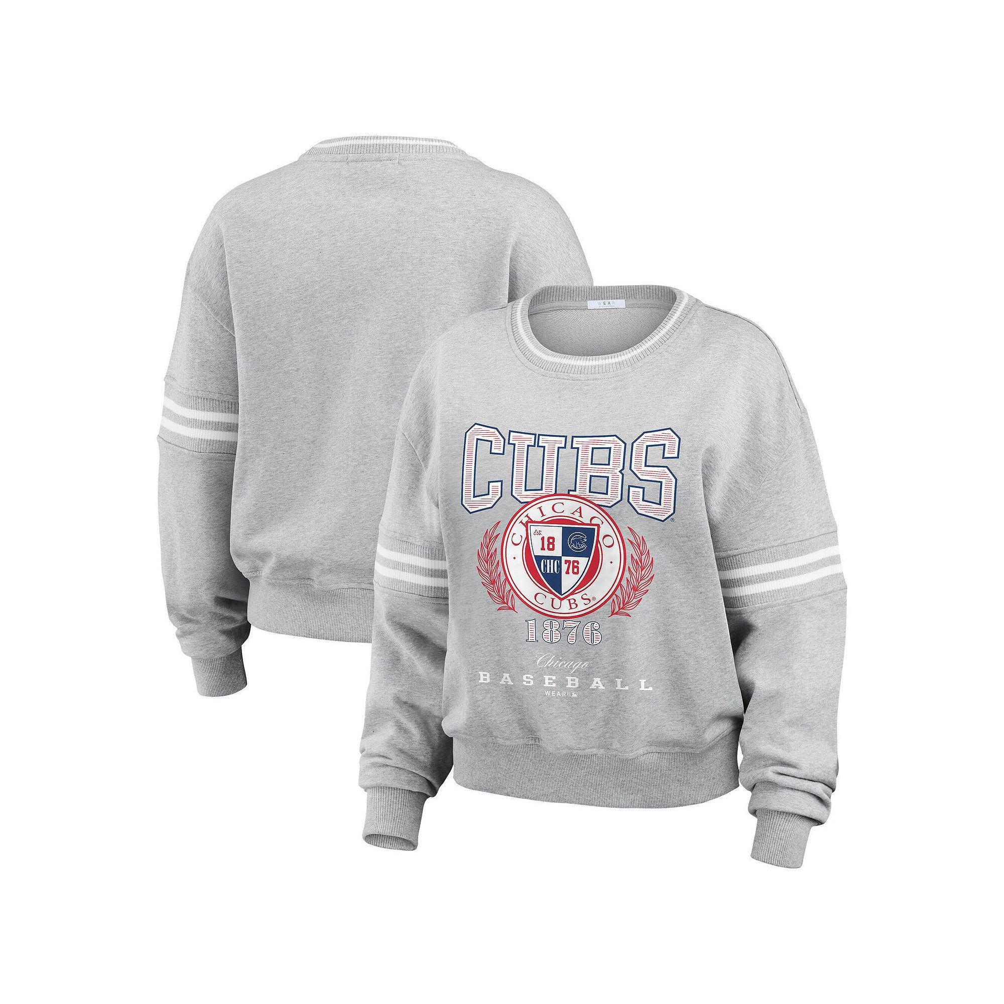 Women's WEAR by Erin Andrews Heather Gray Chicago Cubs Domestic Crest Pullover Sweatshirt, Size: Medium, Grey Product Image