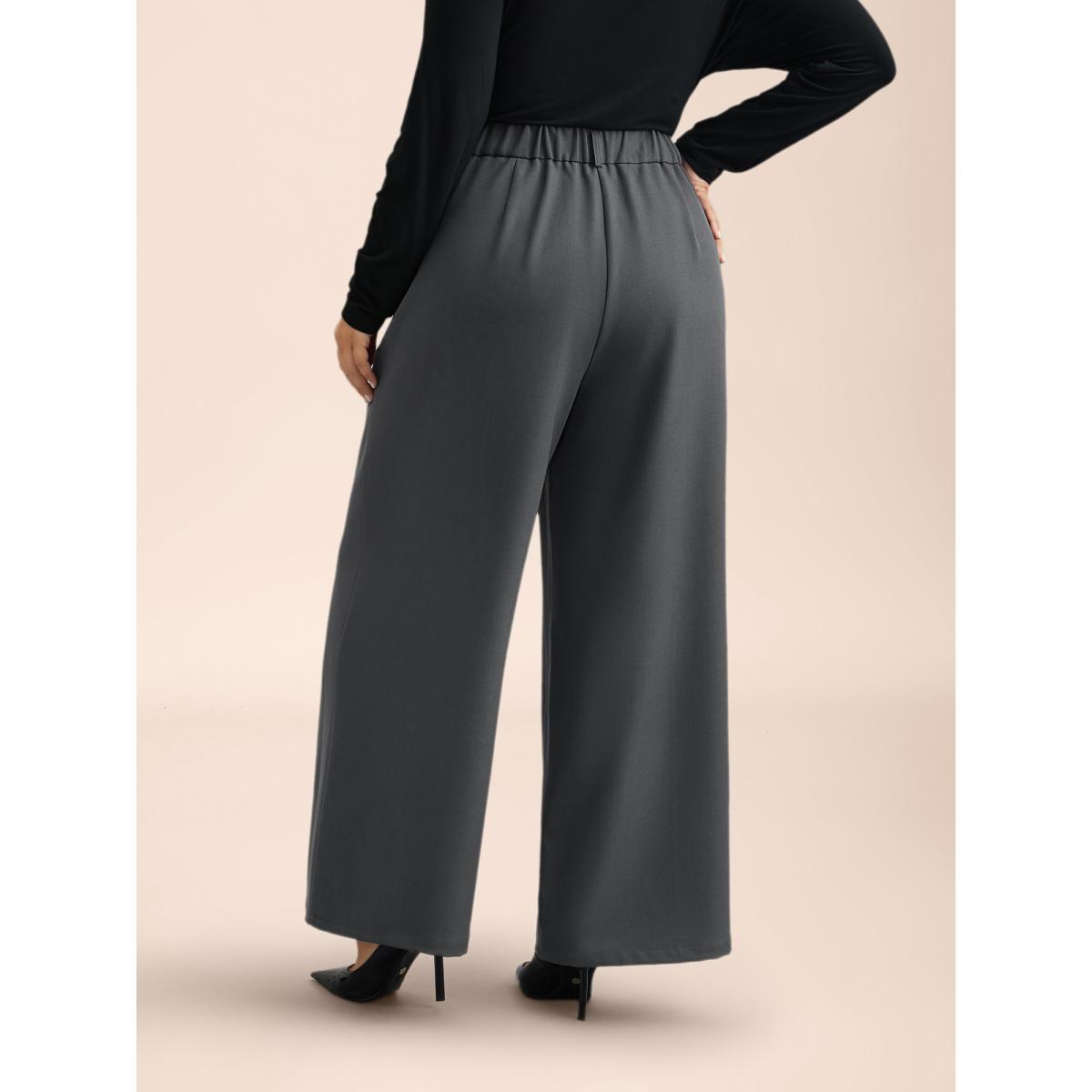 Plus Size Stretchy-Waist Seamed Plicated Detail Pants Women DimGray Workwear Essentials Wide Leg Mid Rise Work Pants BloomChic 26/4X Product Image