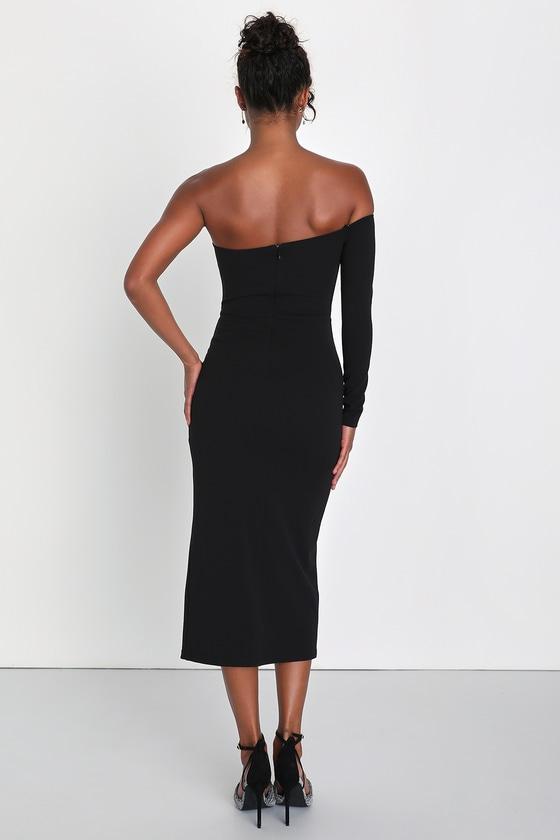 Modern Stunner Black One-Shoulder Bodycon Midi Dress Product Image