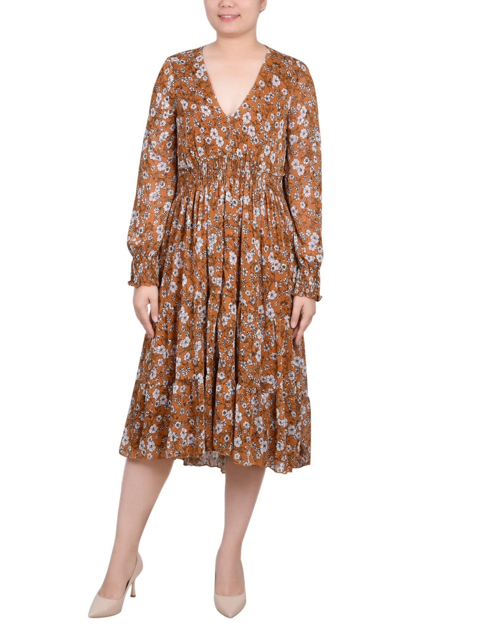 Mustard Floral Long Sleeve Clip Dot Chiffon Dress With Smocked Waist and Cuffs Product Image