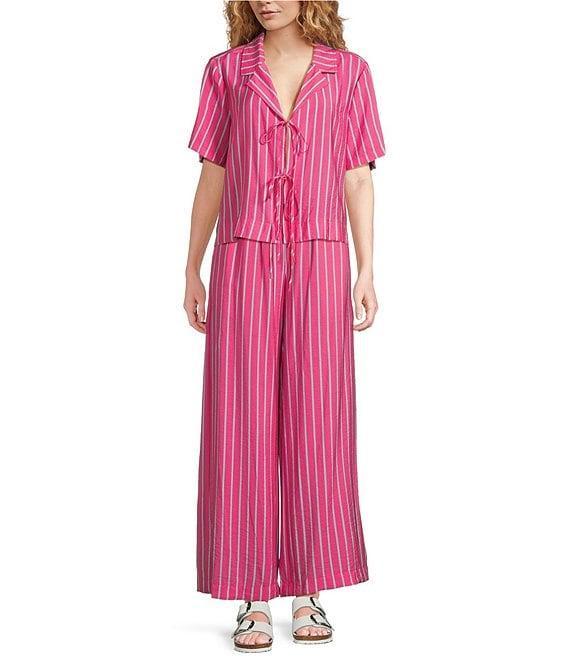 Every Coordinating Striped Knit Notch Collar Short Sleeve Tie Front Top Product Image