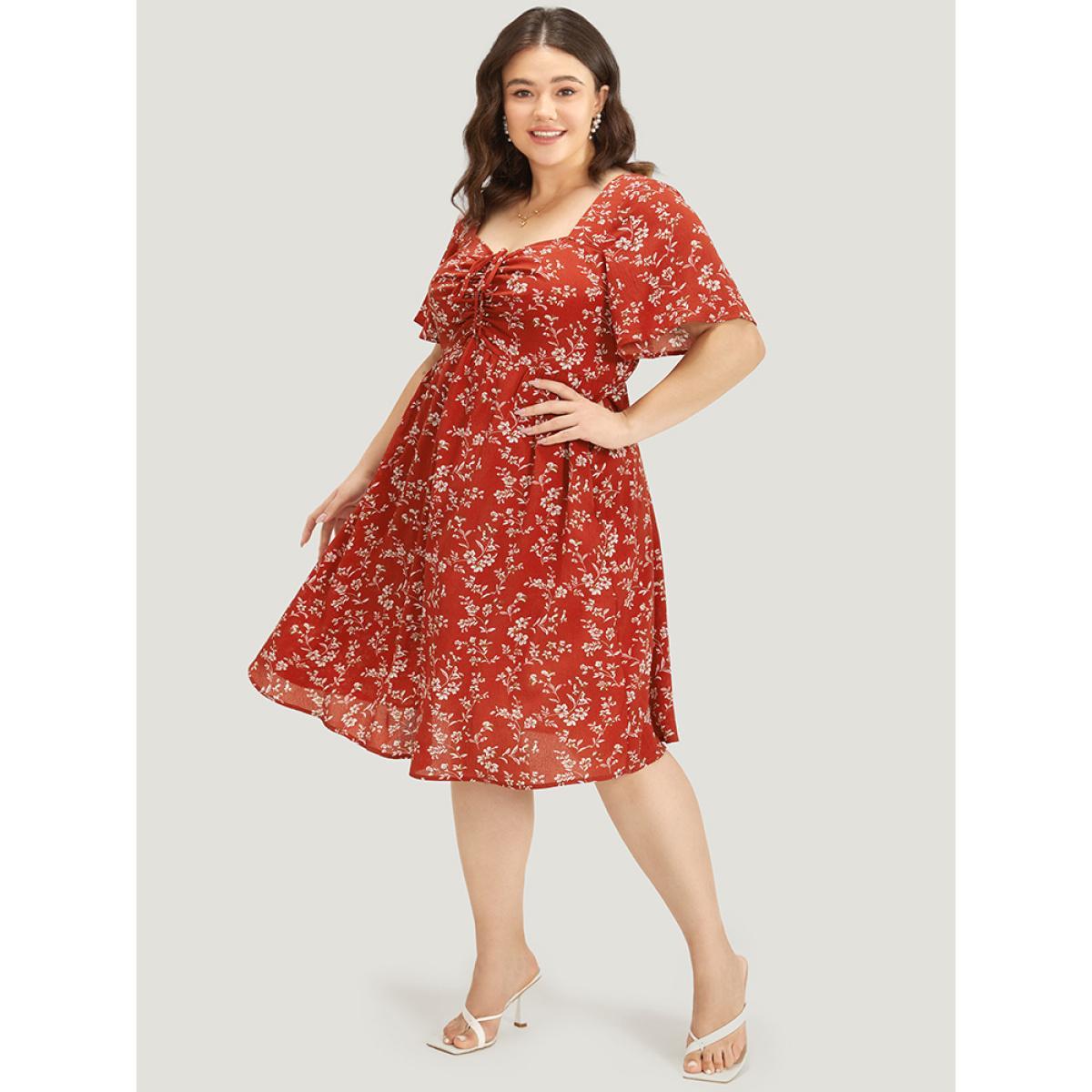 Plus Size Floral Print Square Neck Ruched Ruffles Drawstring Dress Red Women Elegant Drawstring Square Neck Short sleeve Curvy Midi Dress BloomChic 10/M Product Image