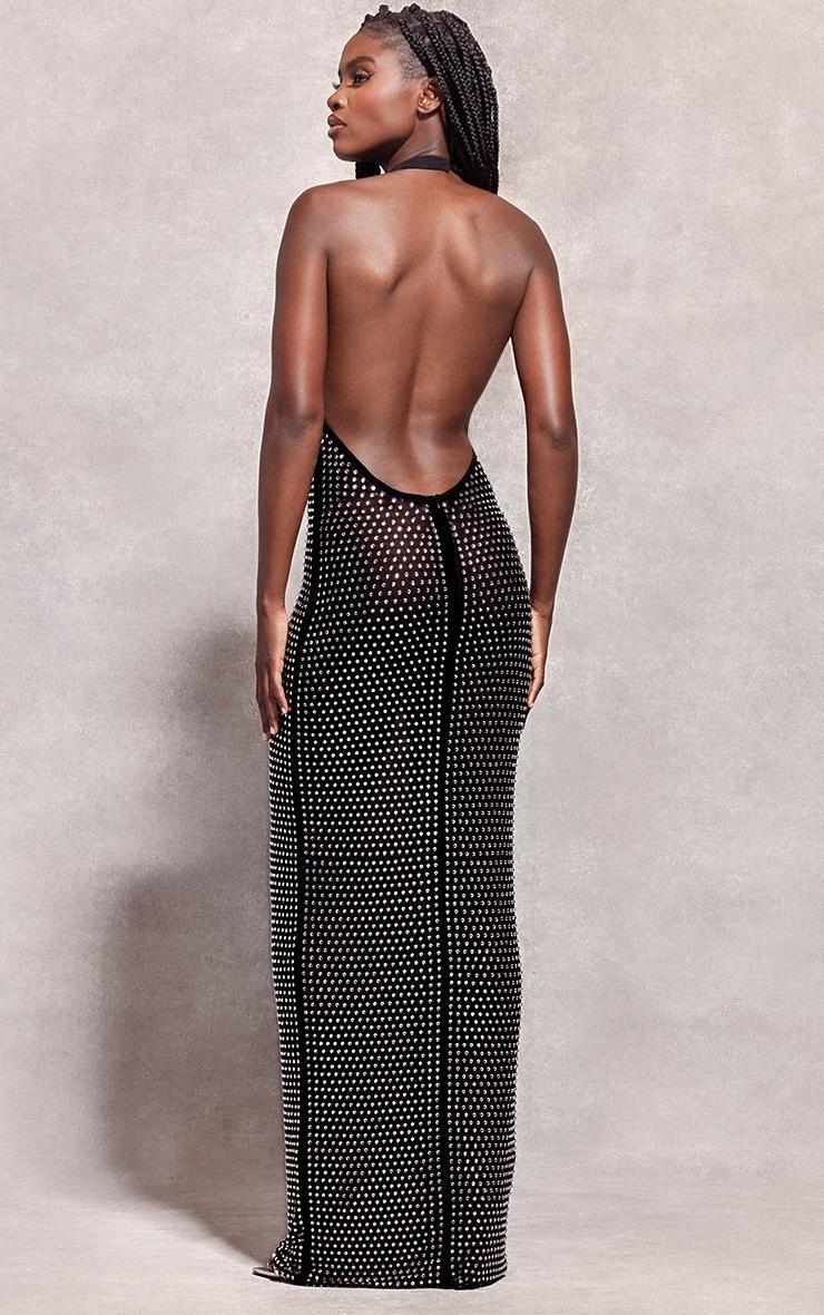 Black Embellished Mesh Backless High Neck Maxi Dress Product Image