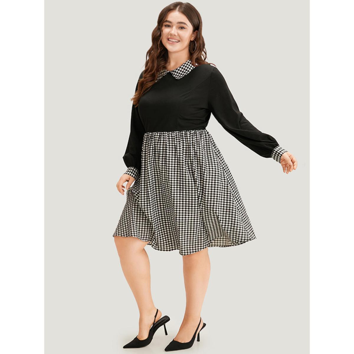Plus Size Gingham Patchwork Pocket Shirt Collar Dress Black Women Office Patchwork Shirt collar Long Sleeve Curvy Midi Dress BloomChic 14-16/1X Product Image