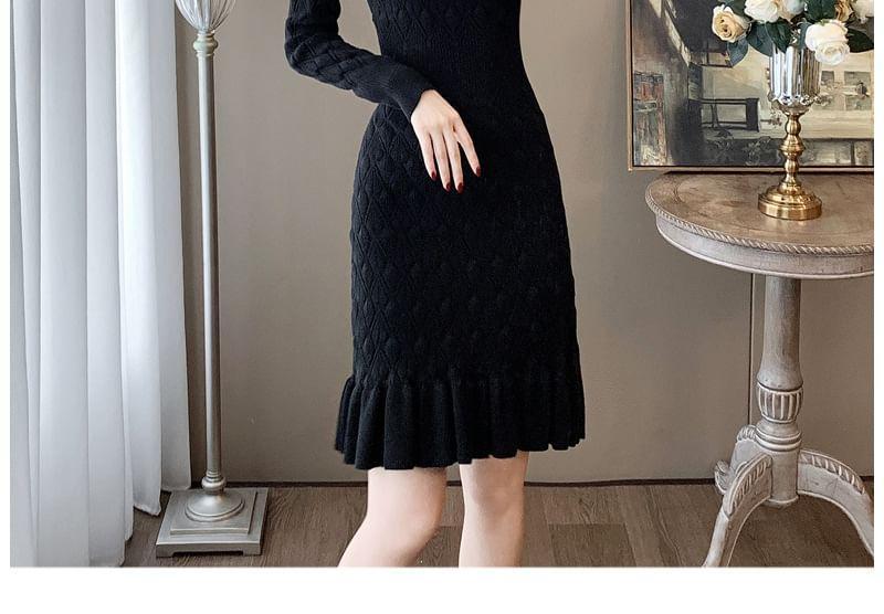 Long-Sleeve Notch Neck Plain Knit Mermaid Dress Product Image