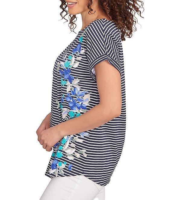 Ruby Rd. Soft Jersey Knit Floral Stripe Boat Neck Short Cuff Sleeve Top Product Image