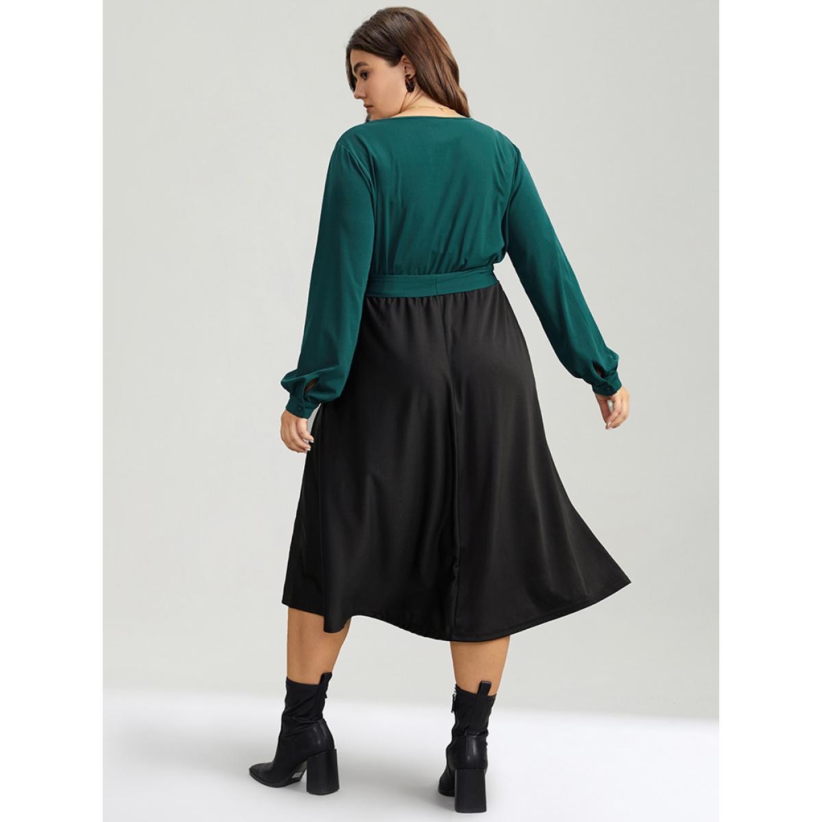 Plus Size Contrast Patchwork Bowknot Overlap Collar Dress DarkGreen Women Elegant Belted V-neck Long Sleeve Curvy Midi Dress BloomChic 14-16/1X Product Image