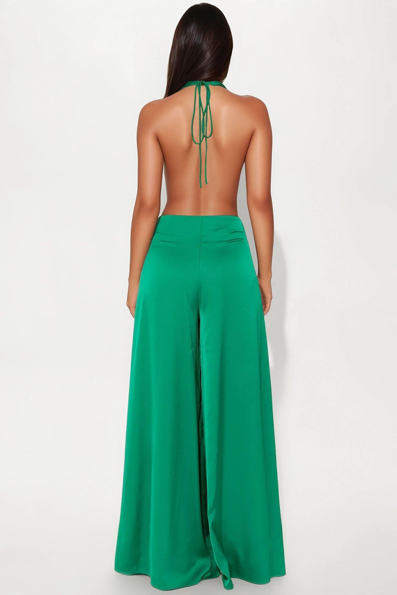 Sun and Sips Solid Satin Jumpsuit - Green Female Product Image