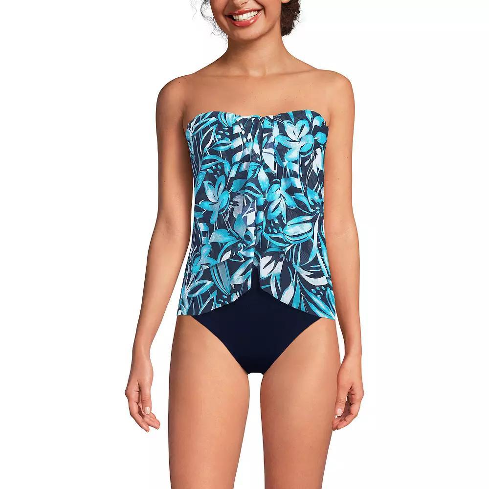 Women's Lands' End Printed Mesh Bandeau Fauxkini High Leg One-Piece Swimsuit, Size: 16, Abstract Floral Product Image