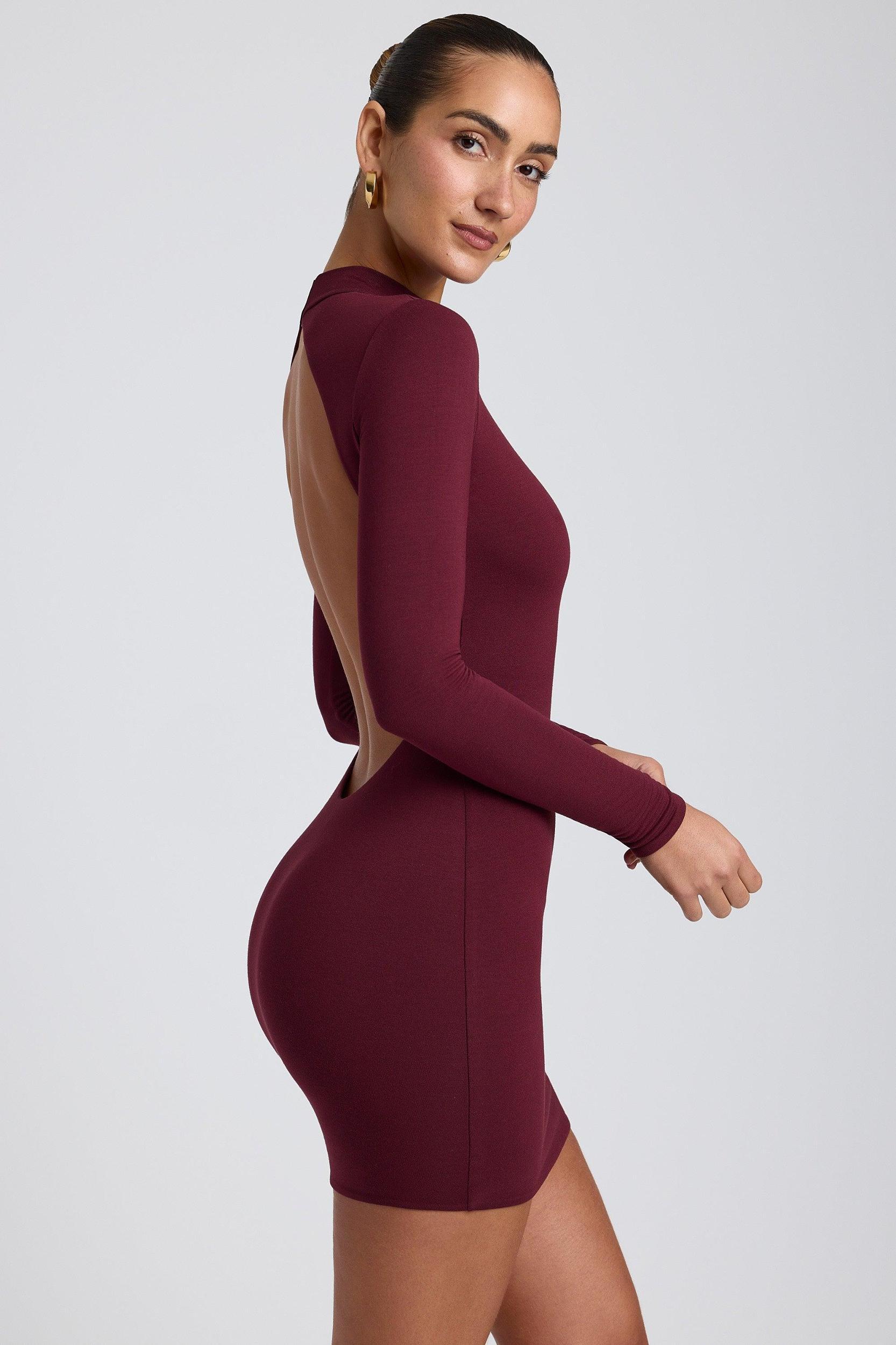 Modal Open-Back Long-Sleeve Mini Dress in Plum Product Image