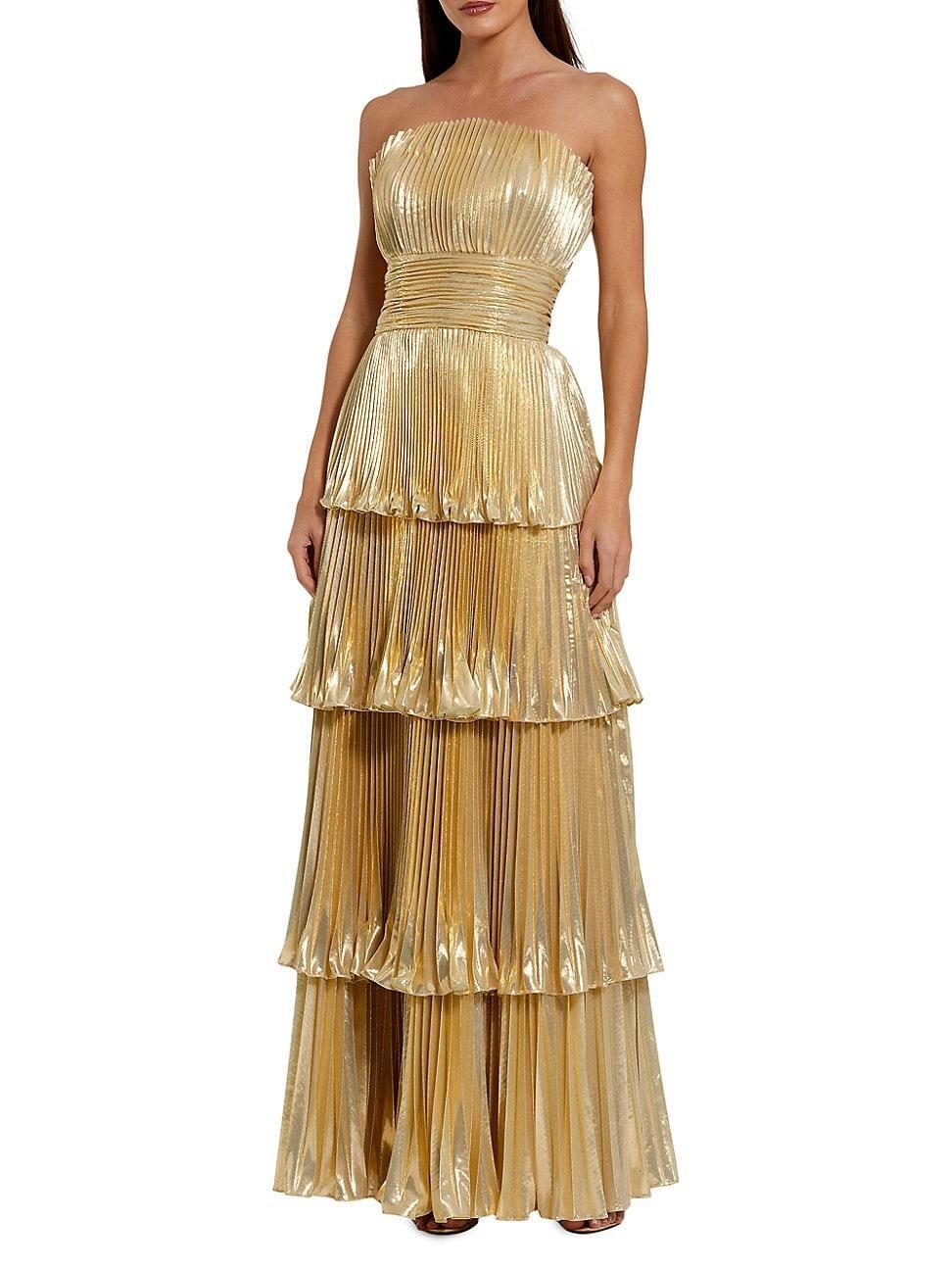 Womens Metallic Pleated Strapless Tiered Gown Product Image
