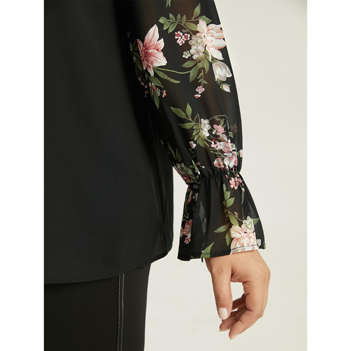 Plus Size Black Twill Floral Patchwork Shirred Mesh Frill Trim Blouse Women Elegant Long Sleeve Stand-up collar Dailywear Blouses BloomChic 26/4X Product Image