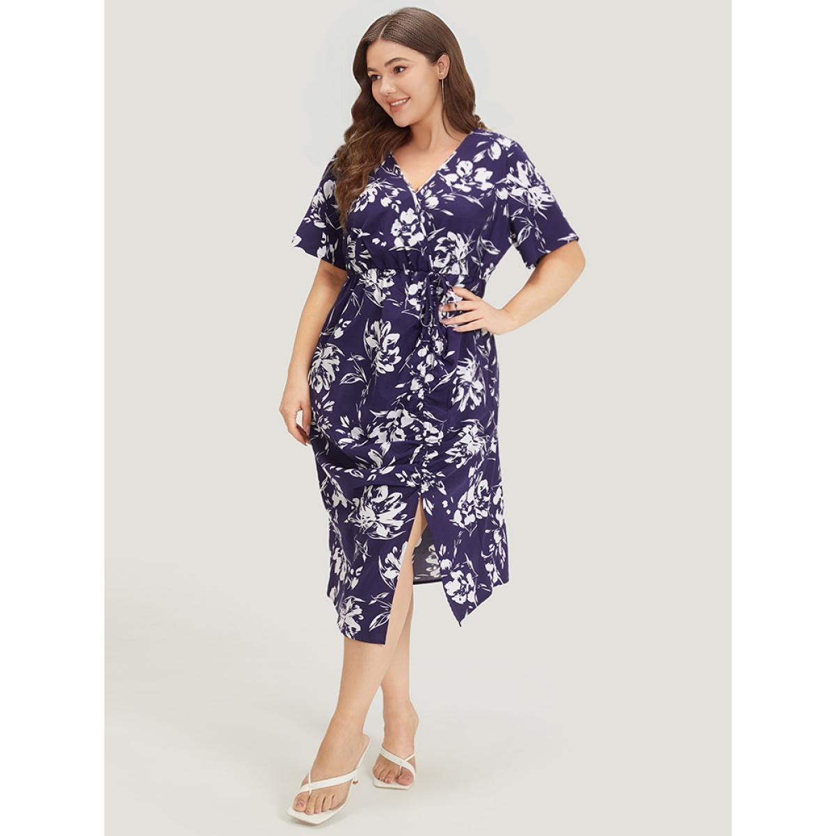 Plus Size Silhouette Floral Print Wrap Drawstring Split Hem Dress DarkBlue Women Elegant Elastic Waist V-neck Short sleeve Curvy Midi Dress BloomChic 10/M Product Image