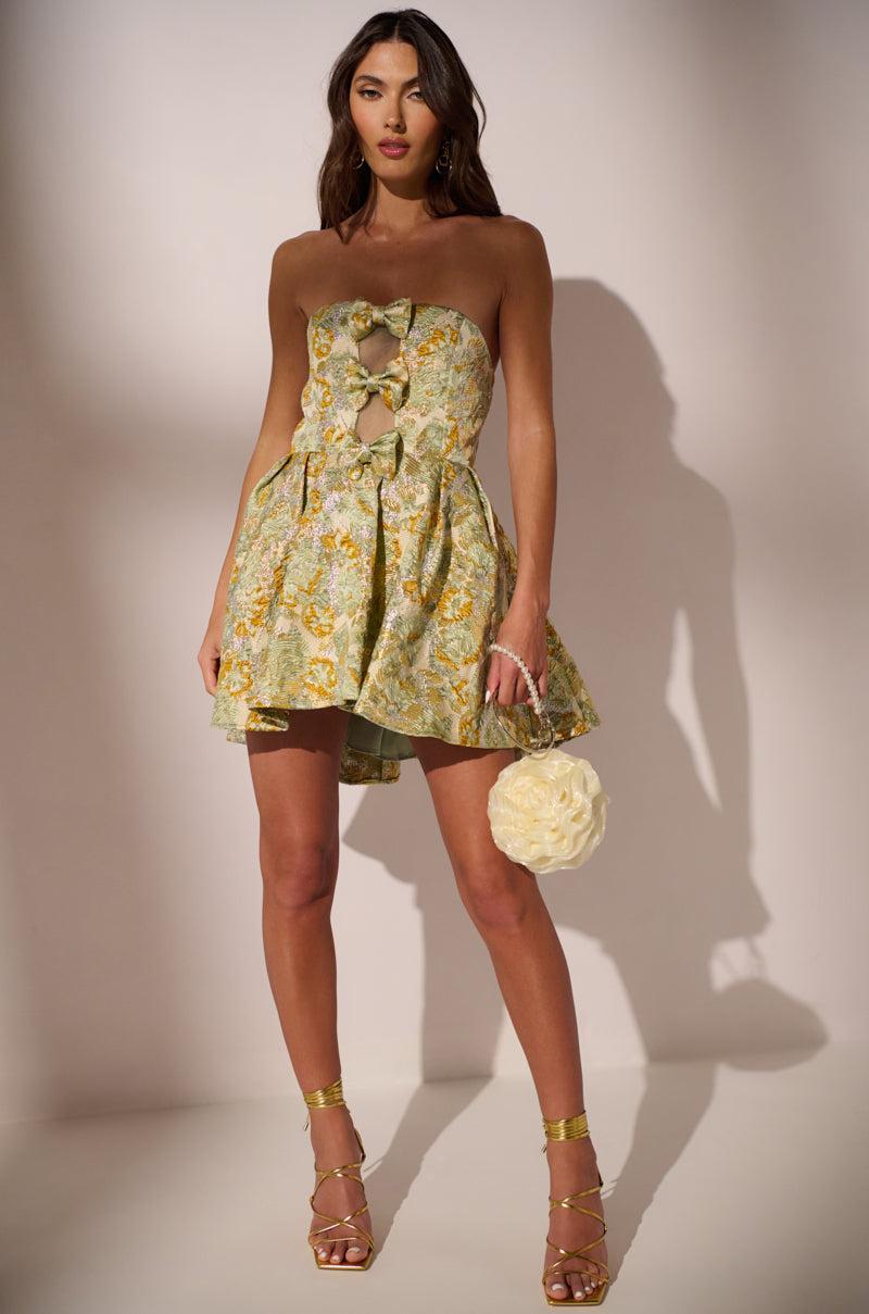 BELLE OF THE BALL BROCADE MINI DRESS IN GREEN MULTI Product Image