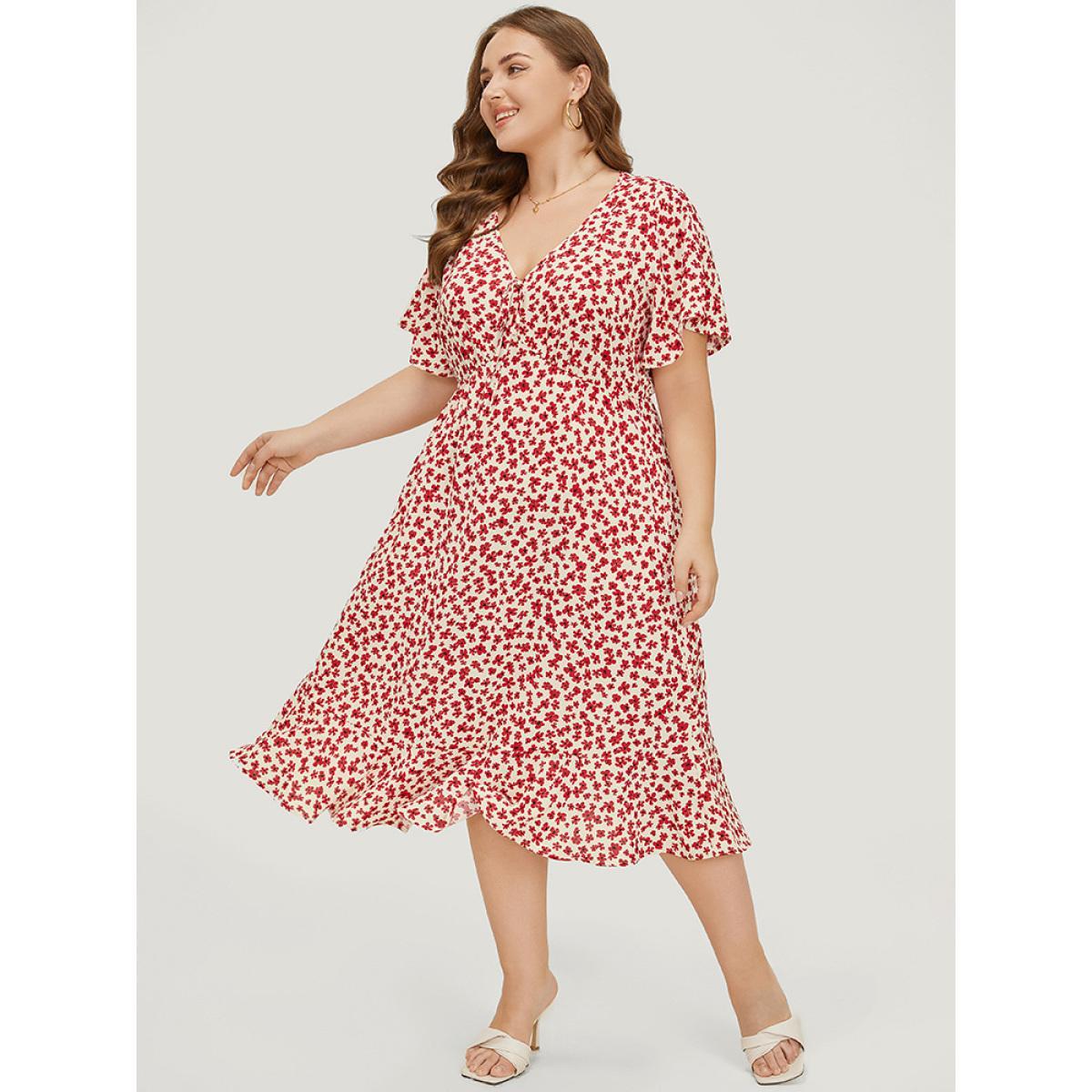 Plus Size Ditsy Floral Knot Front Pocket Ruffle Hem Dress Red Women Elegant Knotted V-neck Short sleeve Curvy Midi Dress BloomChic 30/6X Product Image