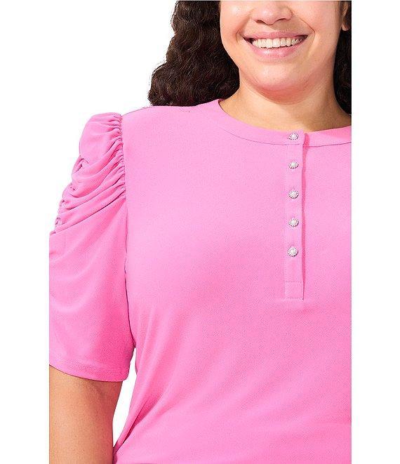 CeCe Plus Size Round Neck 3/4 Puff Sleeve Button Front Blouse Product Image
