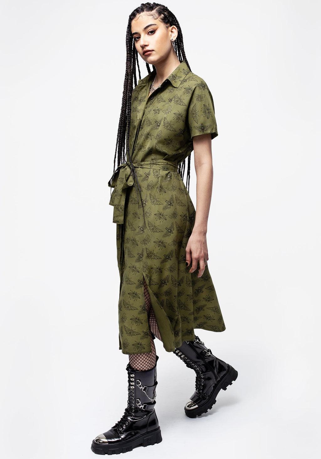 Mortmoth Print Midi Shirt Dress - Green Product Image