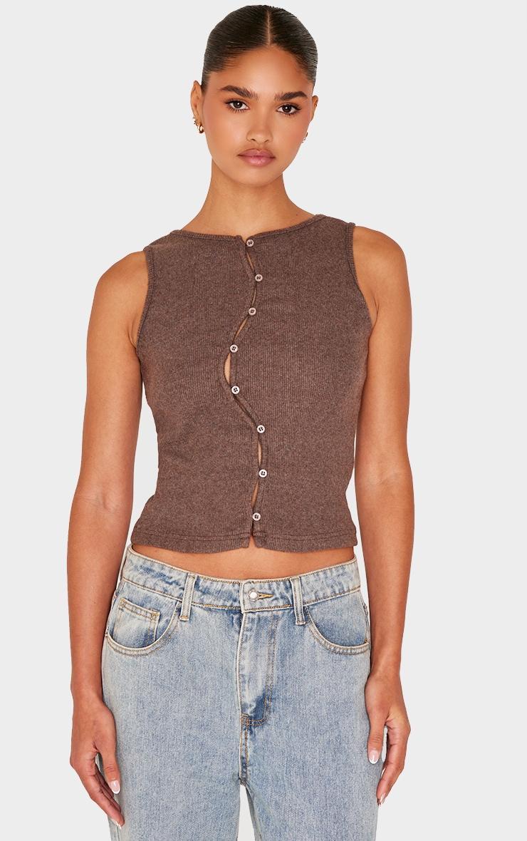 Chocolate Brushed Rib Abstract Button Down Detail Long Top Product Image