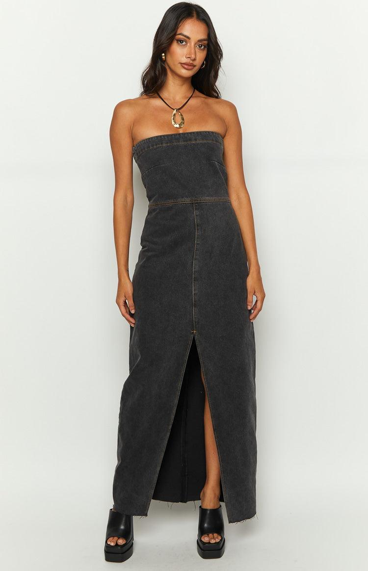 Romey Black Denim Strapless Maxi Dress Product Image