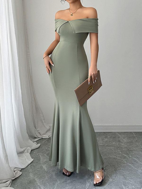 Bodycon High Waisted Solid Color Zipper Off-The-Shoulder Maxi Dresses Product Image