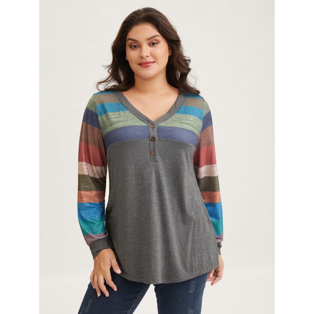 Plus Size Colorblock Contrast V Neck Button Up T-shirt Multicolor Women Leisure Elastic cuffs Striped V-neck Casual T-shirts BloomChic 22-24/3X Product Image