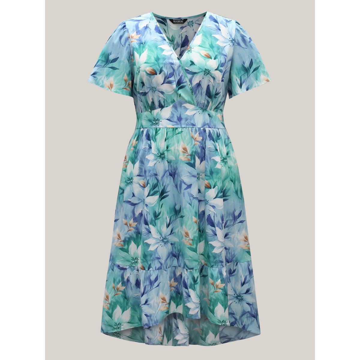 Plus Size Floral Print High Low Hem Midi Dress LightBlue Women Overlap Collar Short sleeve Curvy BloomChic 26/4X Product Image