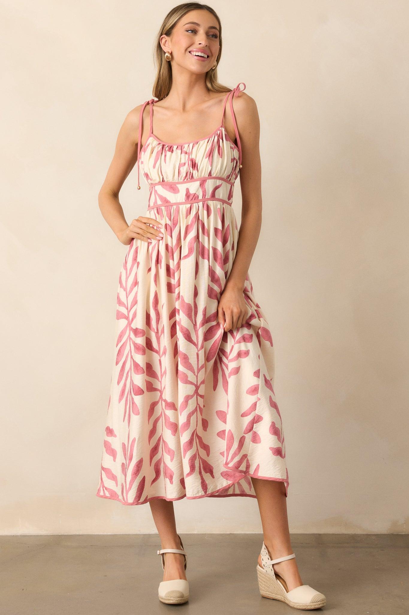 Peaceful Palms Pink Tropical Print Midi Dress Product Image