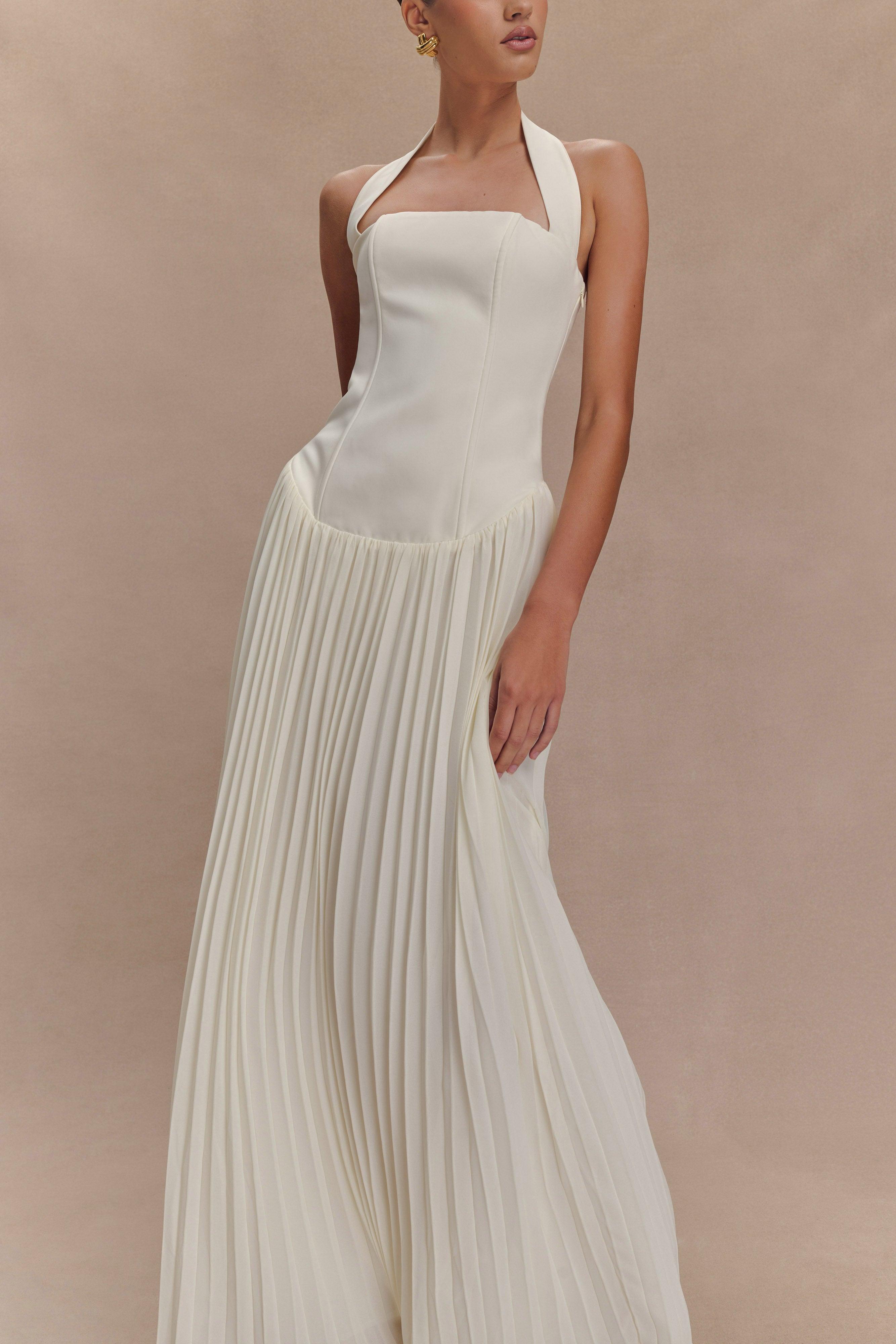 Stacie Pleated Halter Maxi Dress - Ivory Product Image