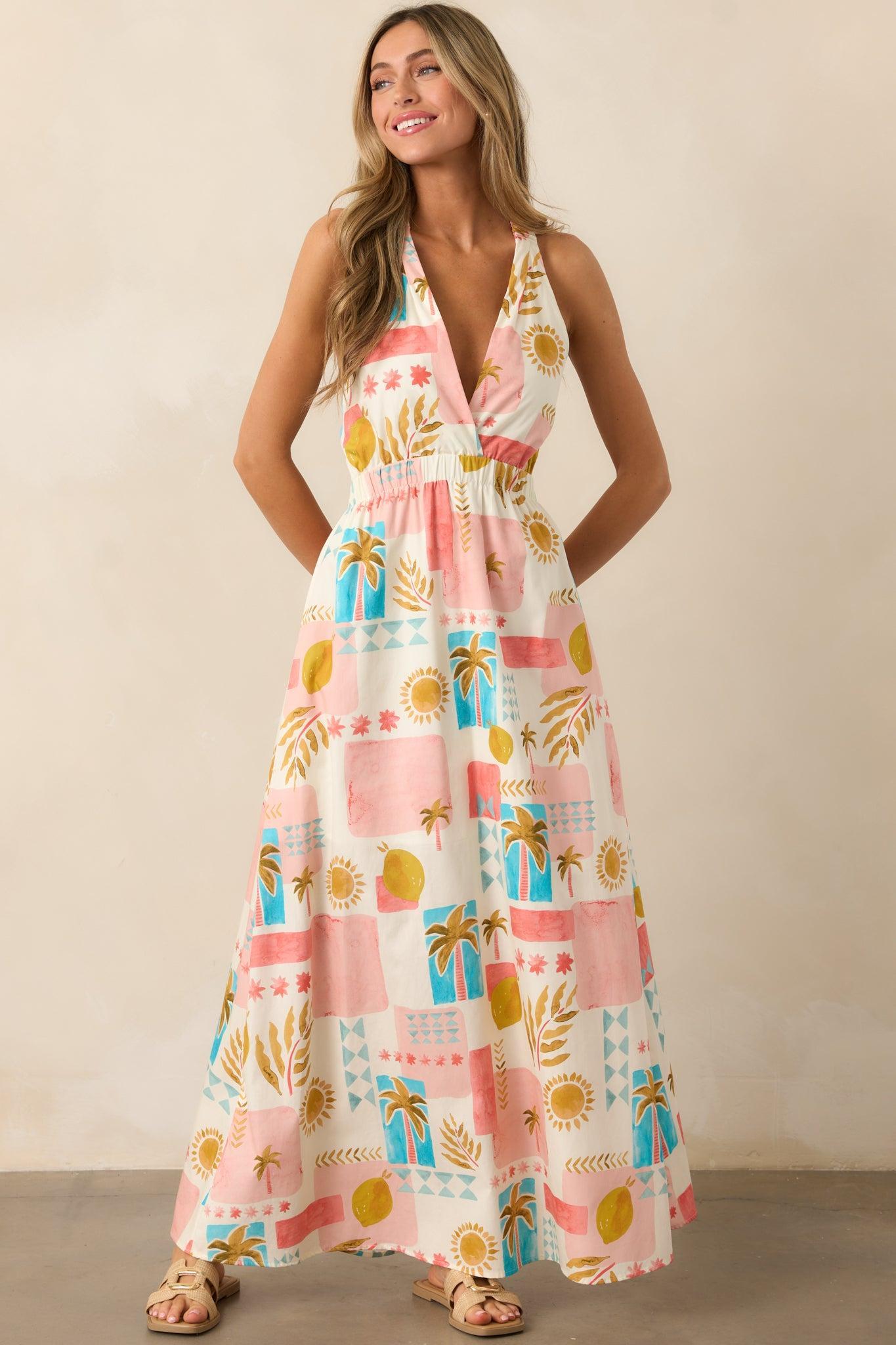 Vibrant Tides Pink Multi Tropical Print Maxi Dress Product Image