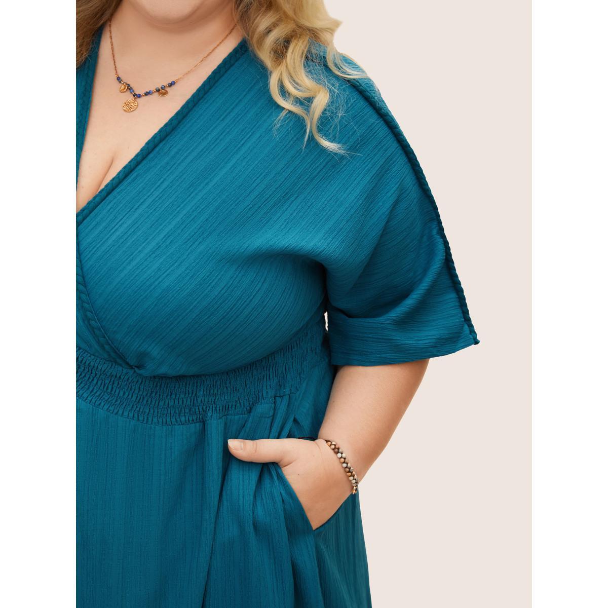 Plus Size V Neck Shirred Contrast Webbing Split Side Dress Aegean Women Boho Texture V-neck Half Sleeve Curvy BloomChic 14-16/1X Product Image