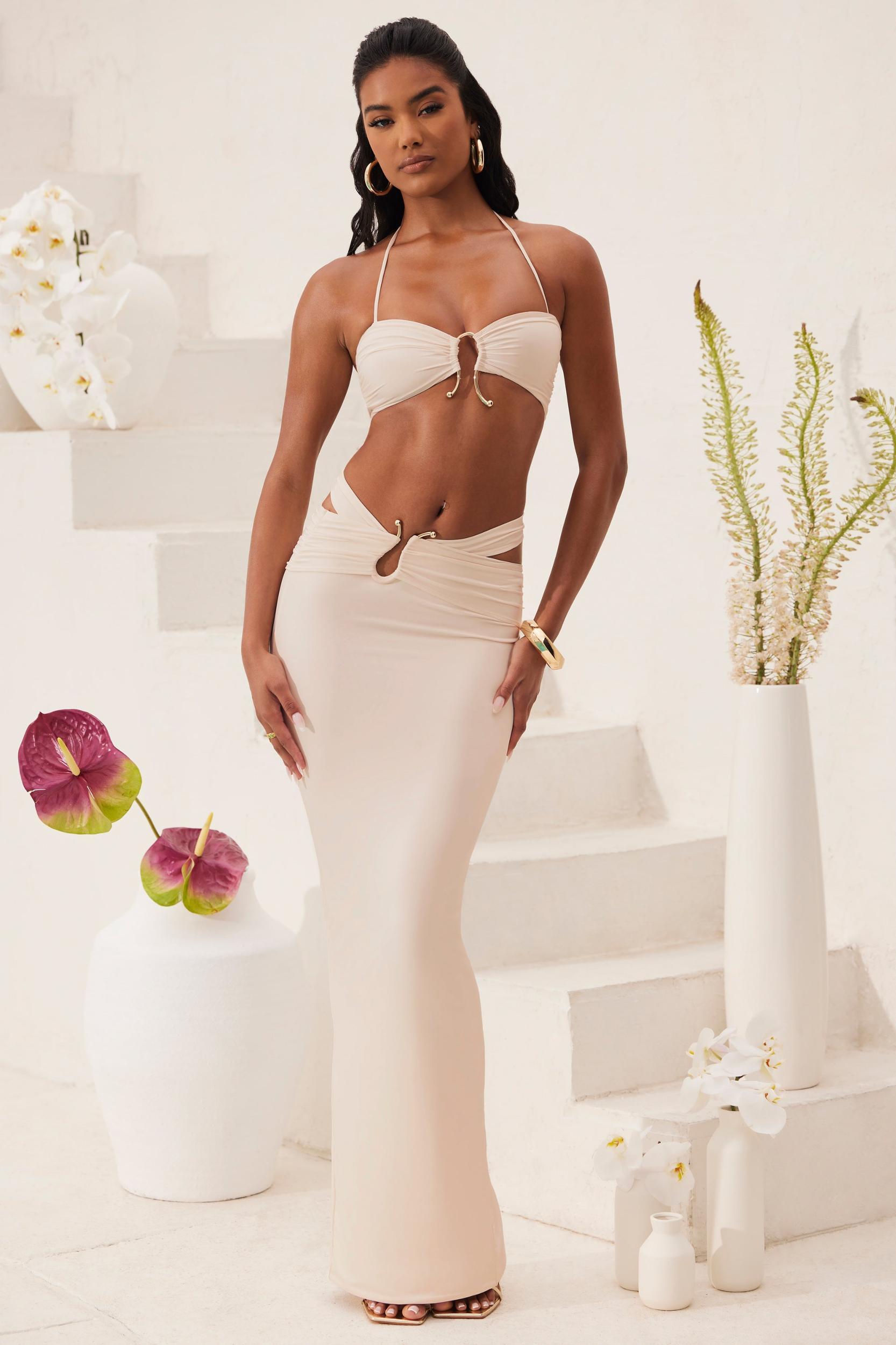 Ruched Waist Hardware Detail Maxi Skirt in Ivory Product Image