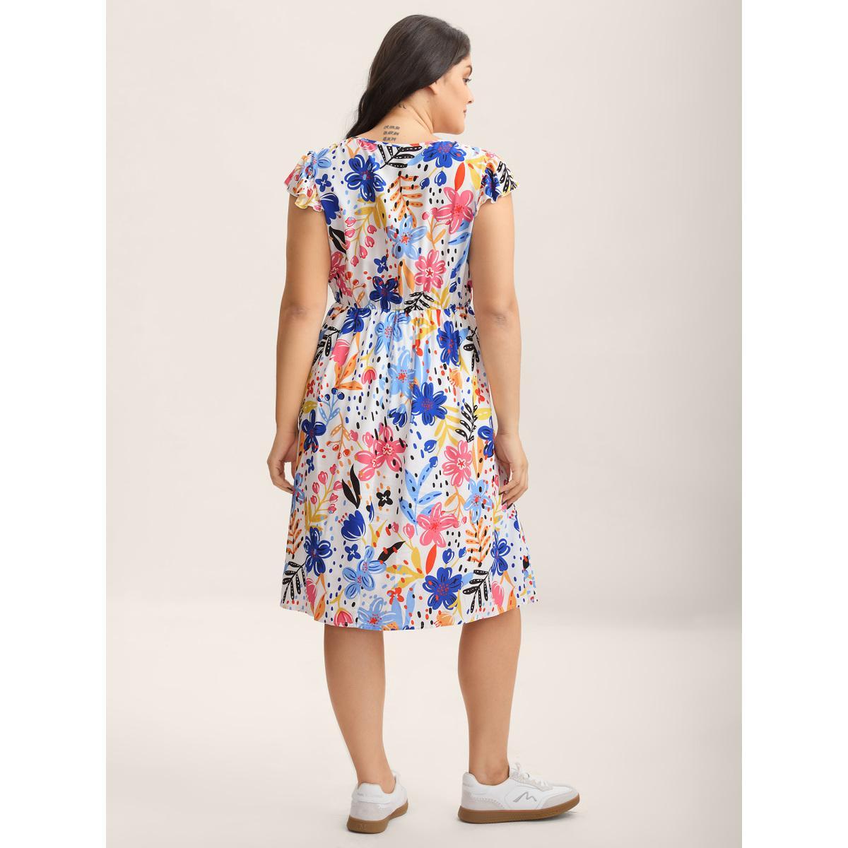 Plus Size Rayon Fun Floral Print Ruffled Sleeve Midi Dress Multicolor Women Square Neck Cap Sleeve Curvy BloomChic 30/6X Product Image