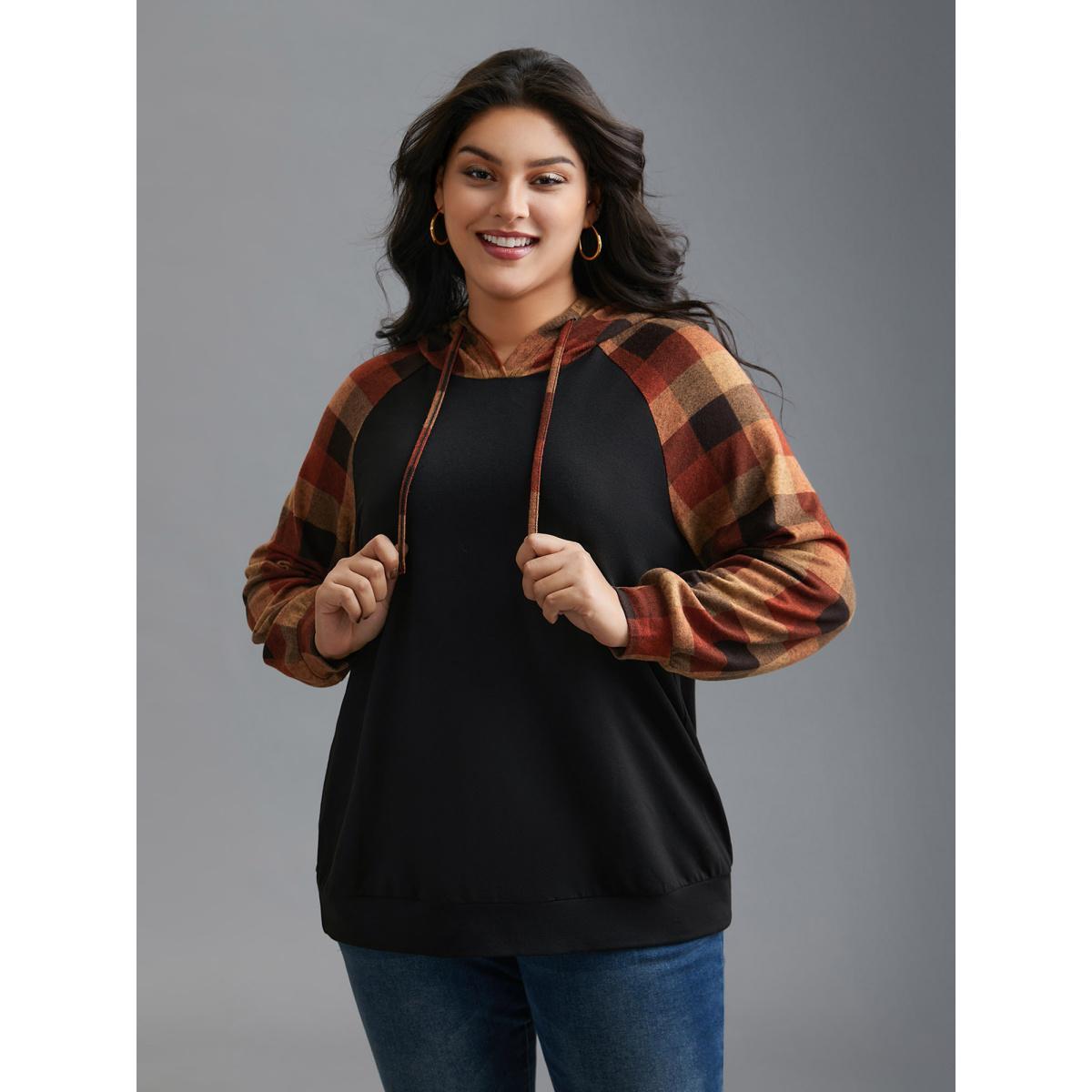 Plus Size Plaid Colorblock Contrast Hooded Drawstring Sweatshirt Women Black Casual Contrast Hooded Everyday Sweatshirts BloomChic 14-16/1X Product Image
