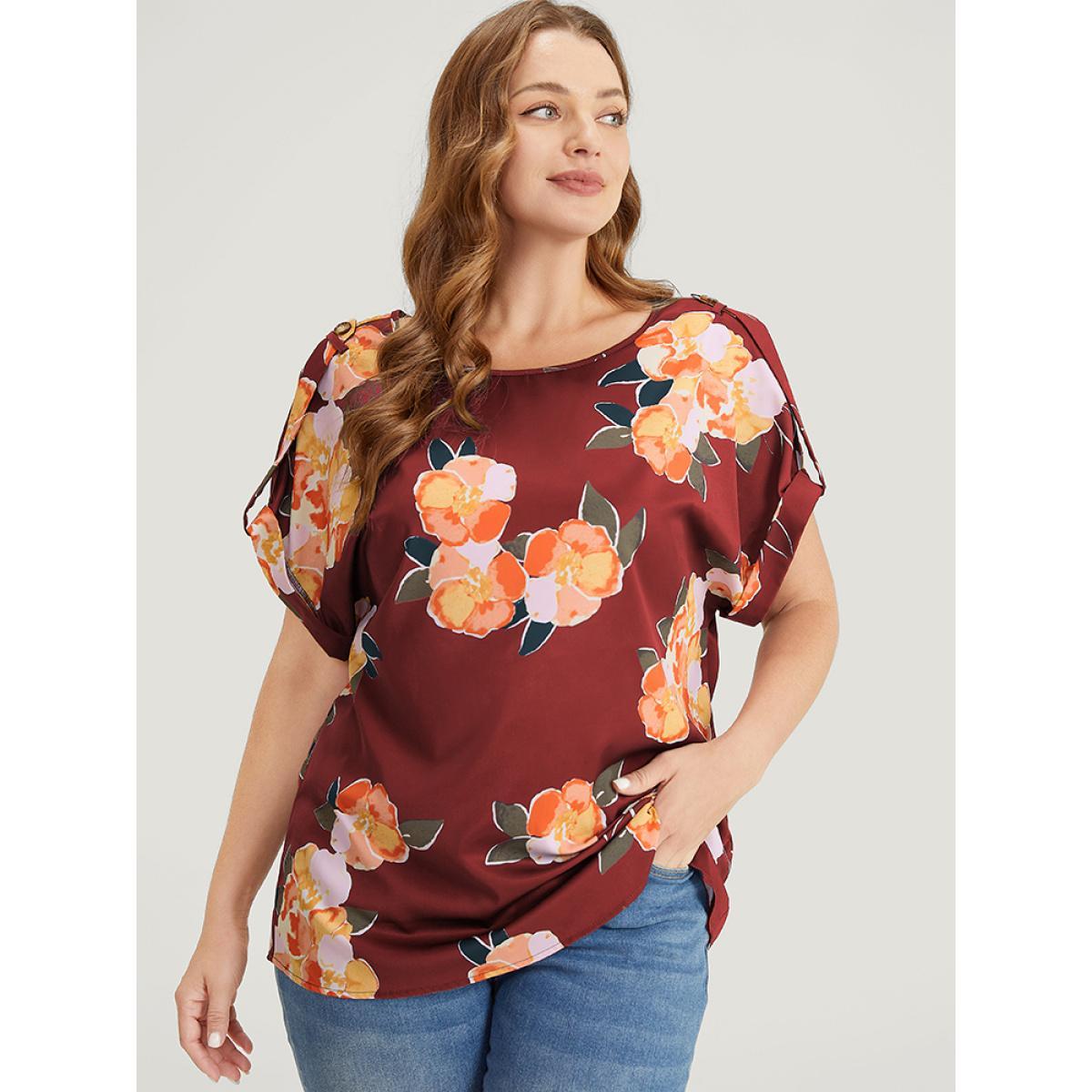 Plus Size Burgundy Floral Printed Roll Tab Sleeve Blouse Women Elegant Short sleeve Round Neck Dailywear Blouses BloomChic 14-16/1X Product Image