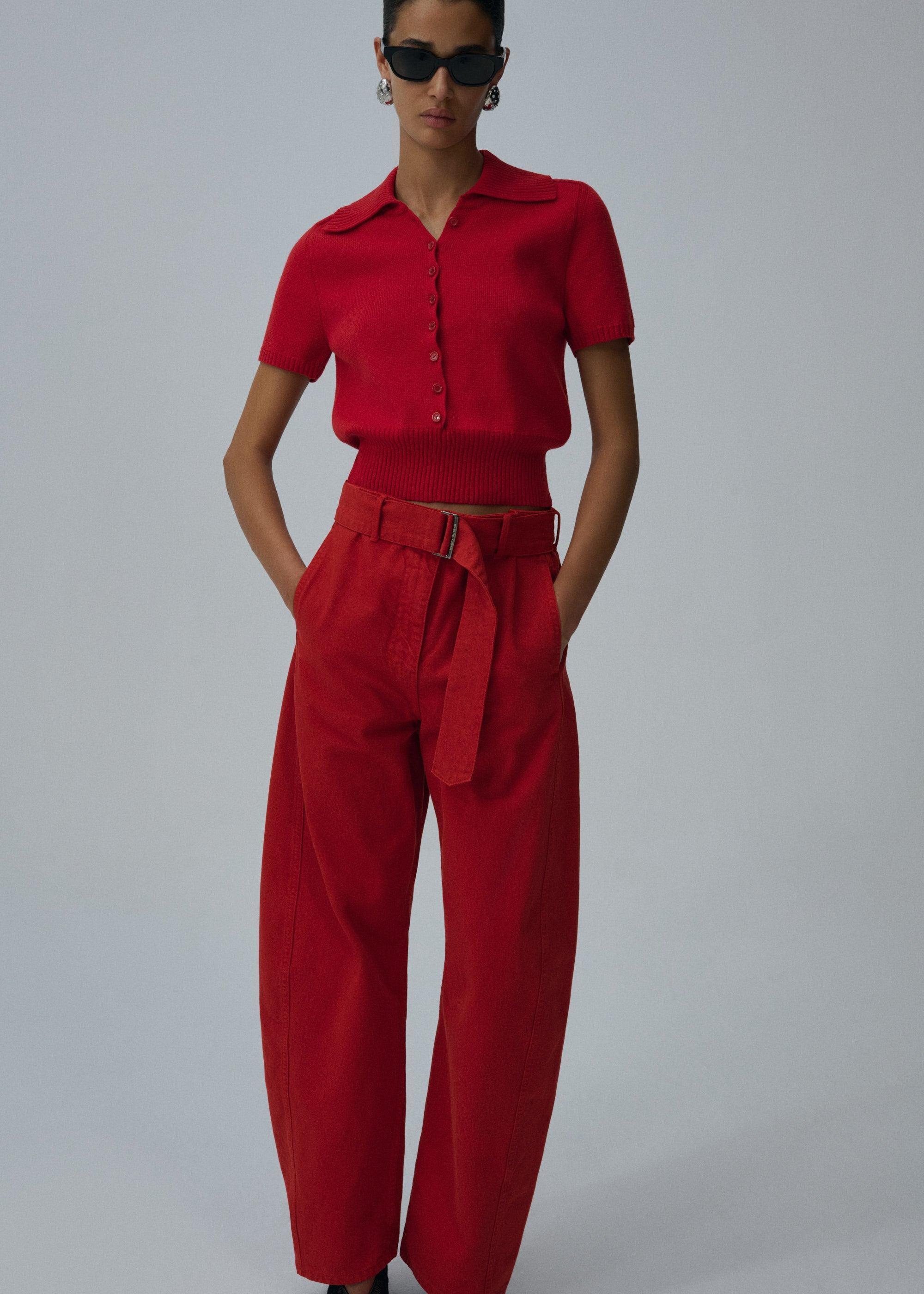 Belted loose leg denim in red Product Image