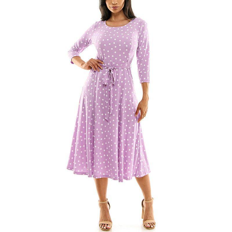 Women's Nina Leonard Belted 3/4 Sleeve Print Midi Dress, Size: Medium, Purple Product Image