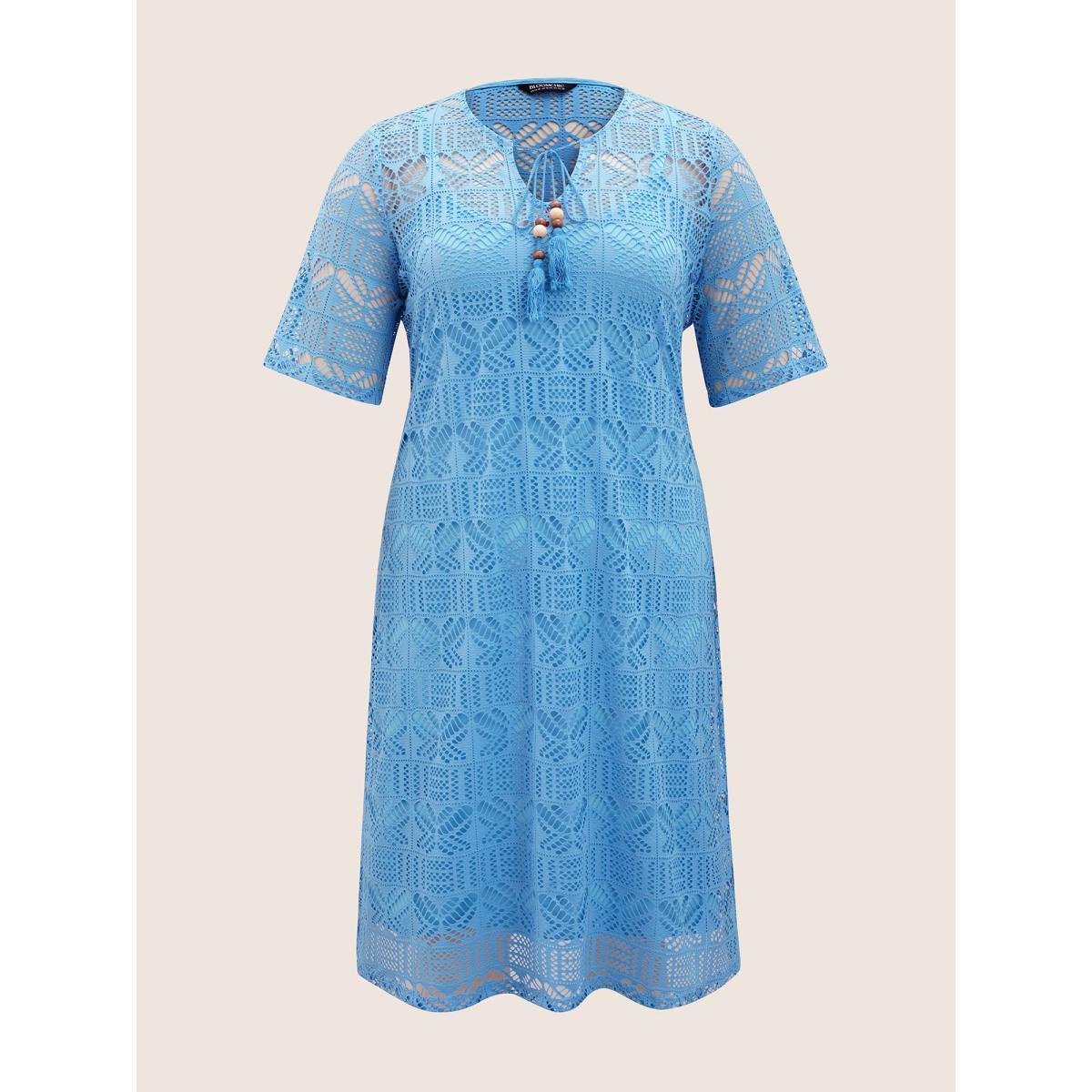 Plus Size Cut Out Tassel Trim Split Hem Midi Dress Skyblue Women Resort Flat collar with V-notch Half Sleeve Curvy BloomChic 22-24/3X Product Image
