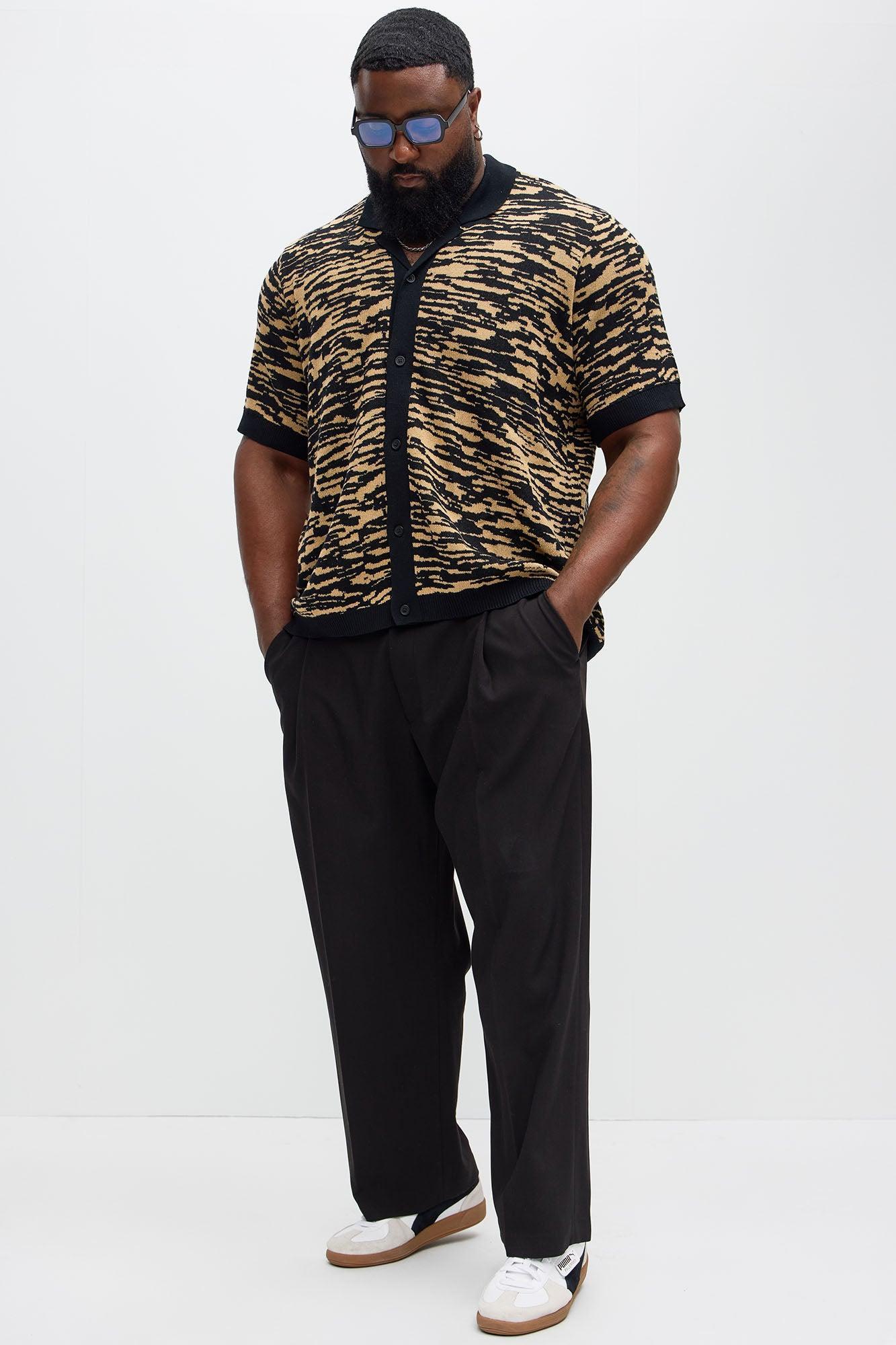 Zebra Pattern Knit Button Down Shirt - Black/combo Product Image