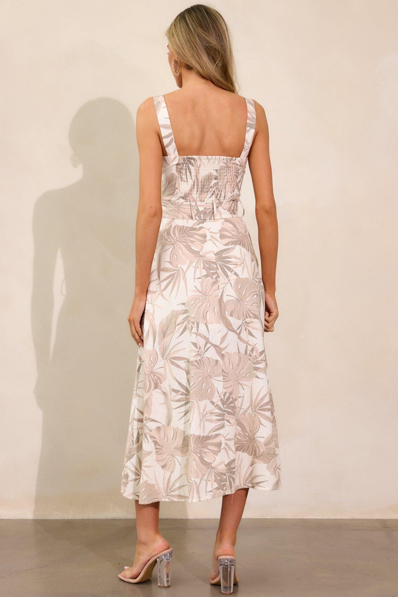 As You Know Tan Tropical Print Belted Maxi Dress Product Image