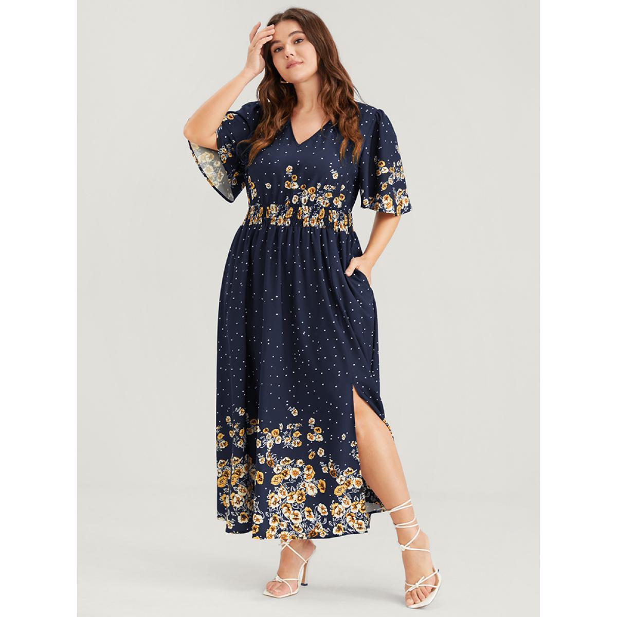 Plus Size Floral Pocket Split Hem Flutter Shirred Maxi Dress Navy Women Casual Printed V-neck Half Sleeve Curvy Midi Dress BloomChic 10/M Product Image