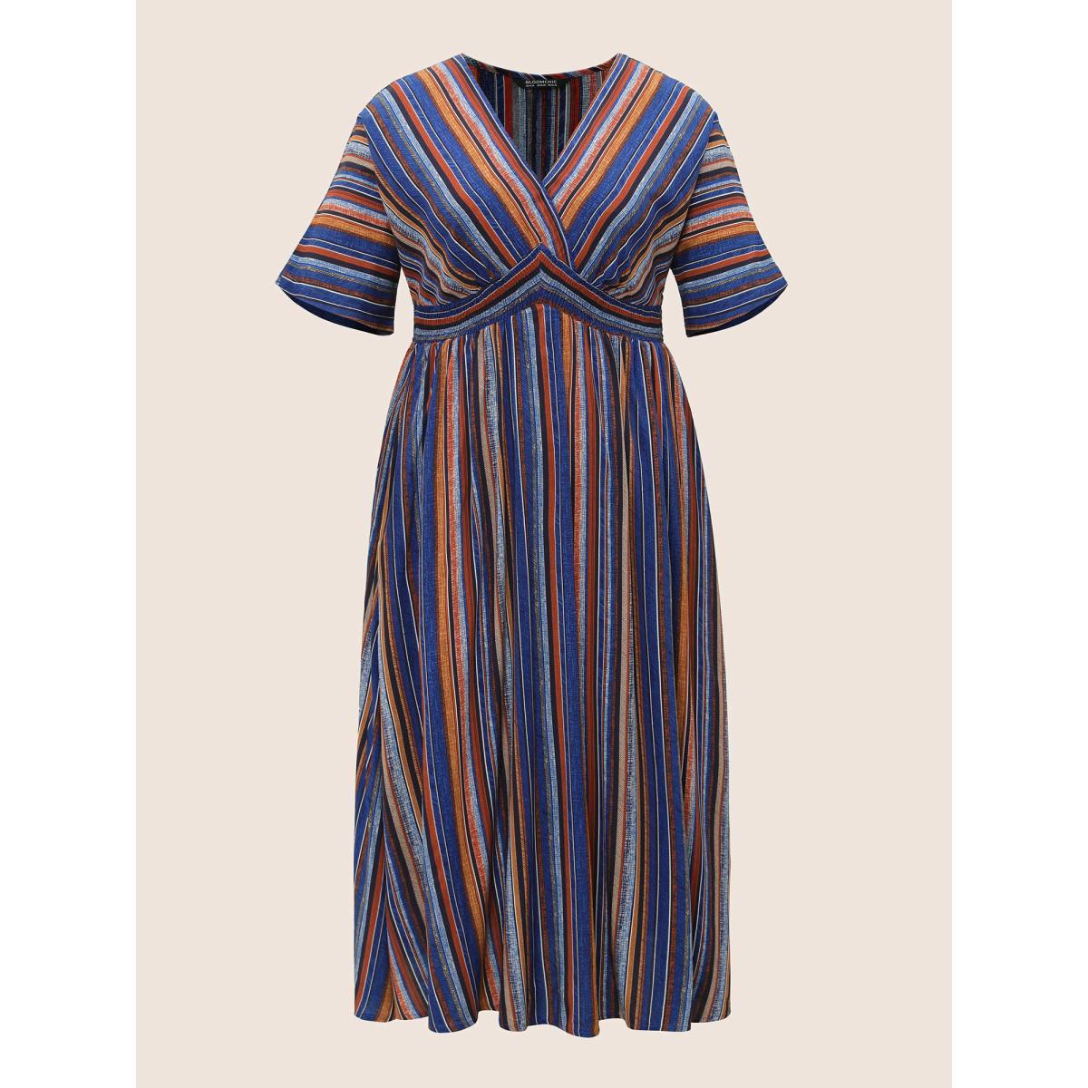 Plus Size Striped Contrast Dolman Sleeve Shirred Pocket Split Flutter Dress Blue Women Boho Non V-neck Half Sleeve Curvy BloomChic 14-16/1X Product Image