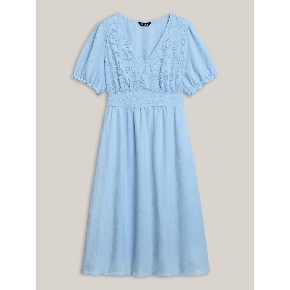 Plus Size V Neck Textured Lace Midi Dress LightBlue Women V-neck Short sleeve Curvy BloomChic 14-16/1X Product Image