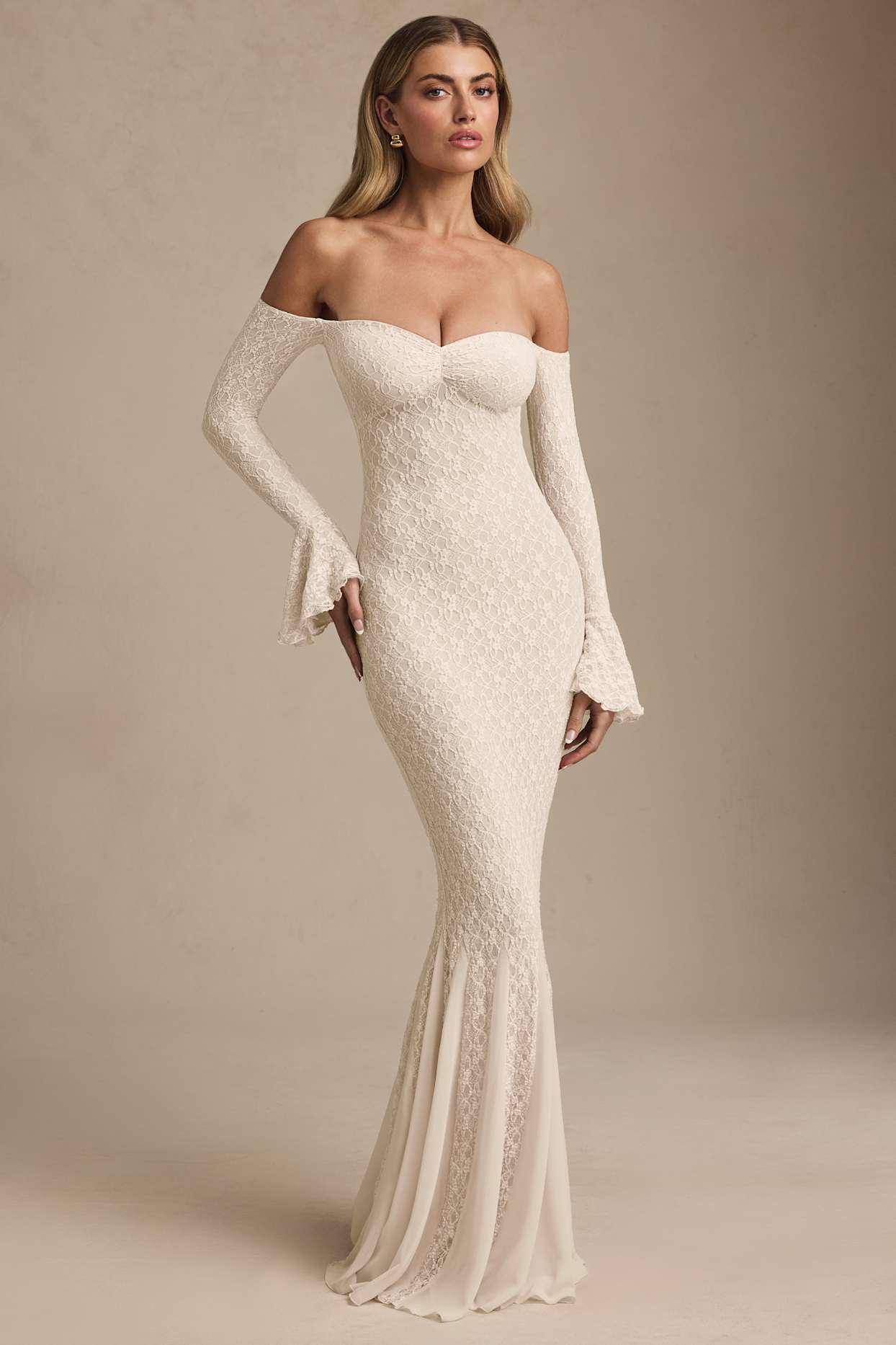 Off-Shoulder Ruffle Lace Maxi Dress in Ivory Product Image