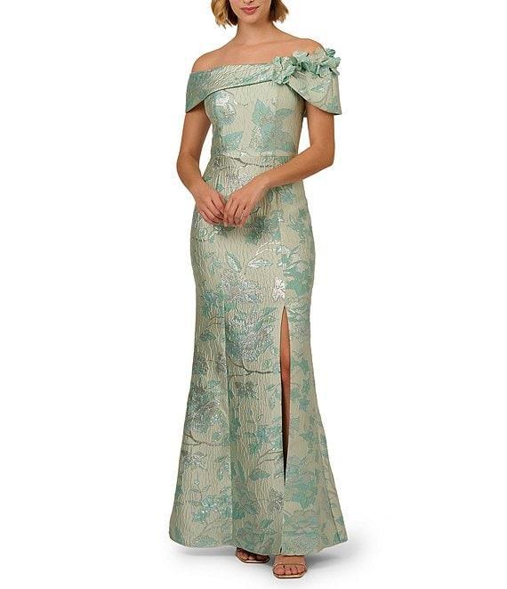 Adrianna Papell Floral Jacquard Off-The-Shoulder Cap Sleeve Column Gown Product Image