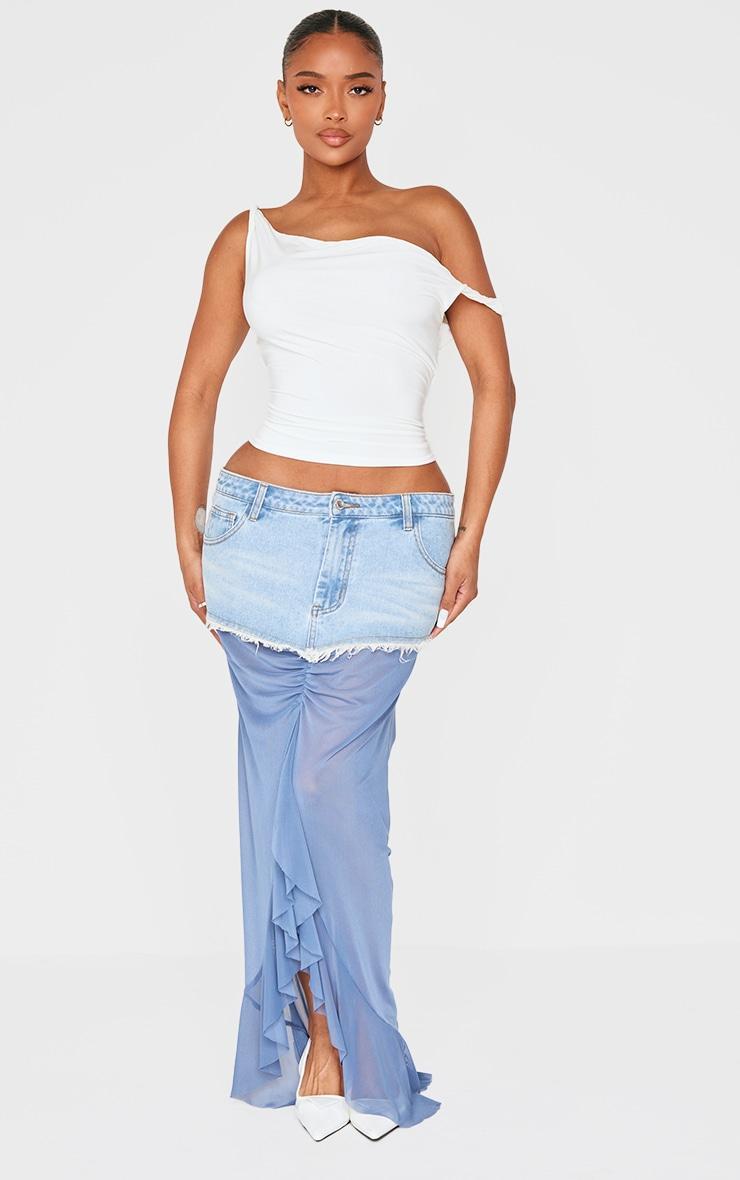 Shape Blue Mesh Detail Denim Maxi Skirt Product Image