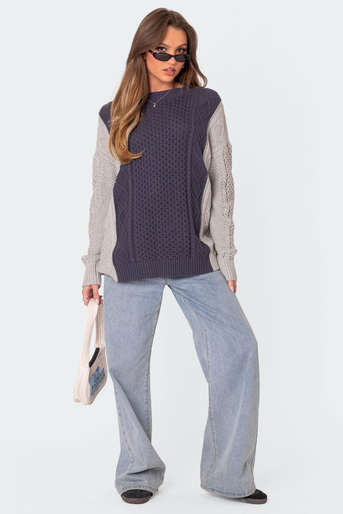 Two Tone Oversized Cable Knit Sweater Product Image