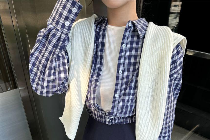 Long-Sleeve Plain Tee / Plaid Button-Up Crop Shirt / High Waist Zipped Mini A-Line Skirt / Shawl Product Image